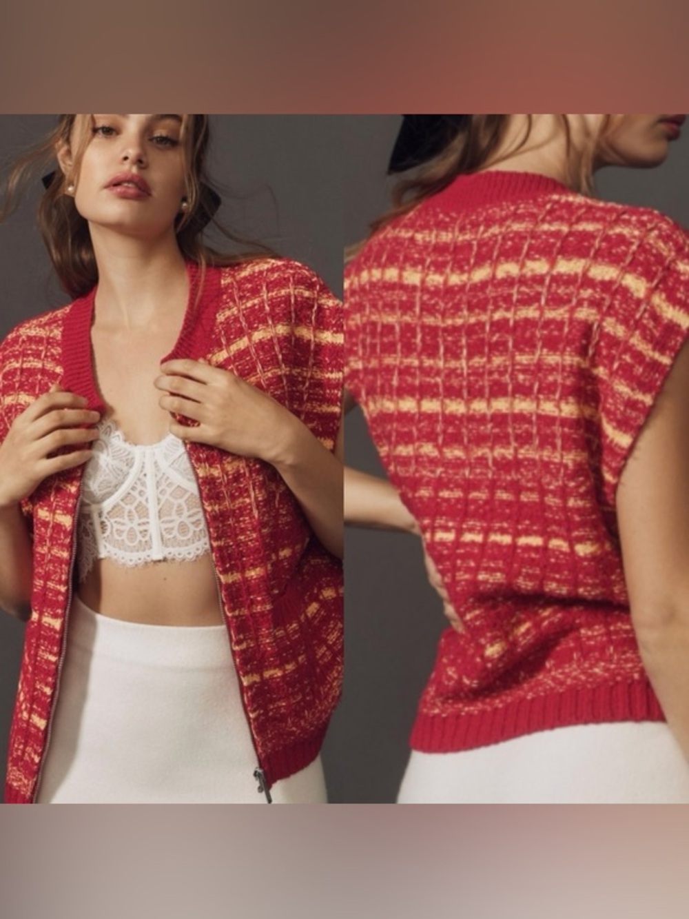 Maeve Anthropologie Tweed Zippered Sweater Vest Red Yellow Light Orange S